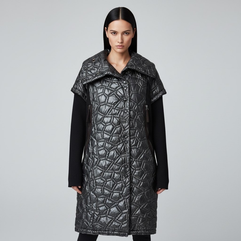 Laflamme Fourrure Gunmetal Quilted Long Coat Jacket Knit Sleeve Size M
